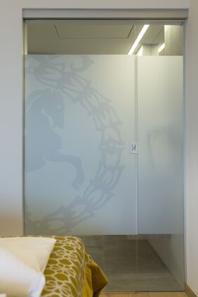 Schiebetürelement für in der Wand laufendes Ganzglastürblatt mit fixer Seitenlichte